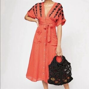 Free People Love to Love You Reddish Orange Embroidered Button-Up Midi Dress